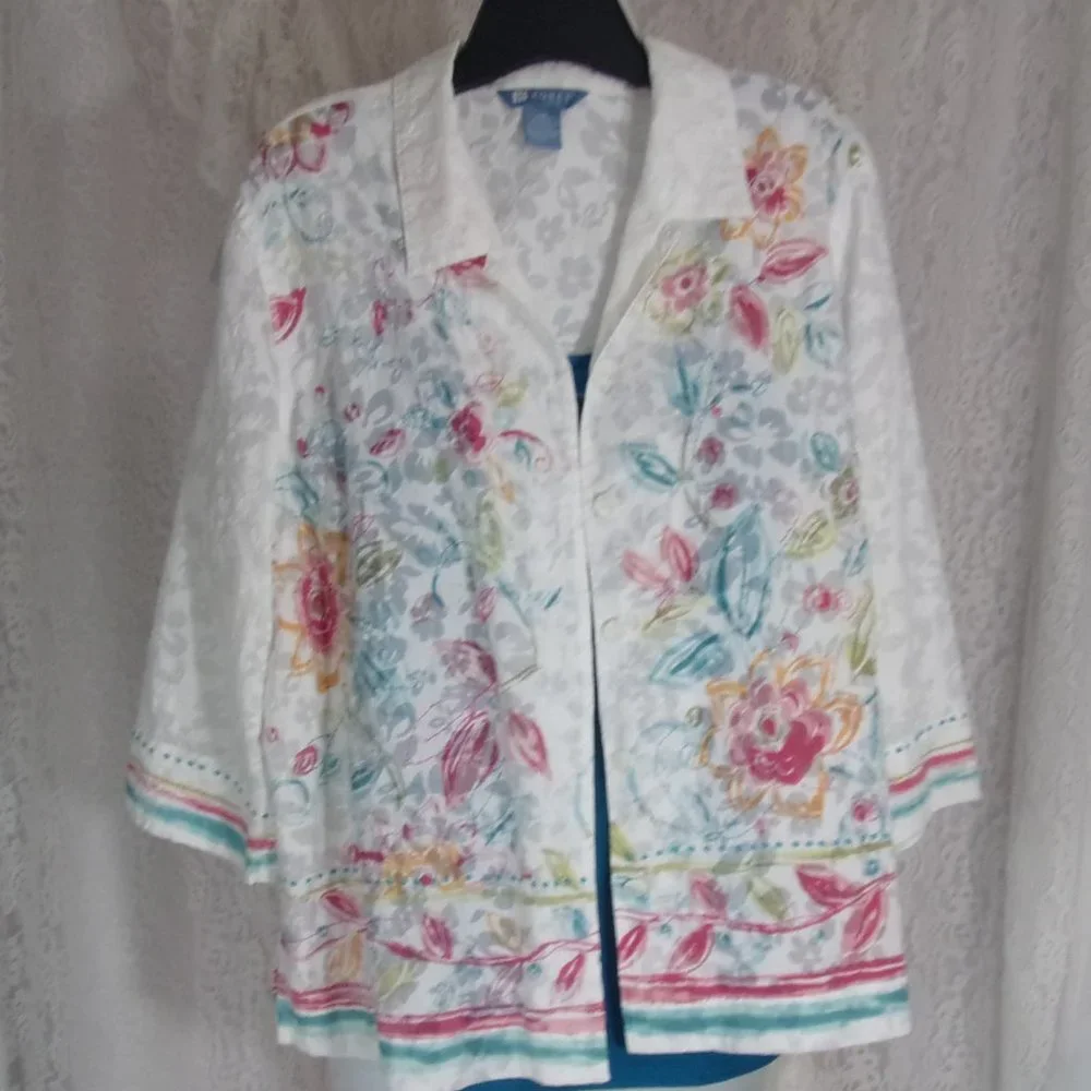Koret Summer Top Blouse Button Front Size Petite XL White Rose Teal